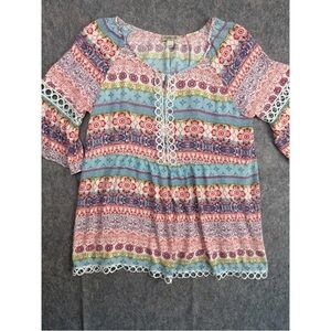 One World Blouse Top Womens Large Multi Mixed Print Lace Trim Flared Sleeve Boho